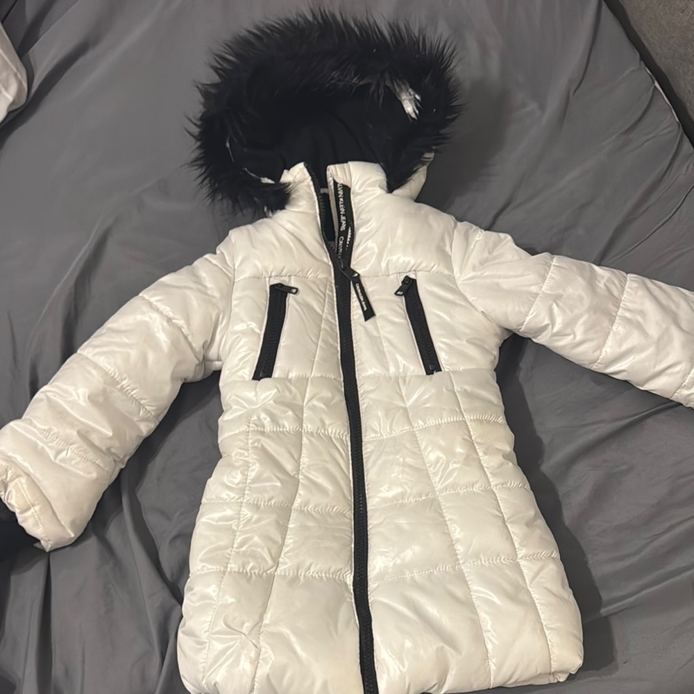 White Puffer Jacket with Faux Fur Hood